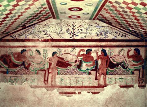 Wall painting in a burial chamber called Tomb of the Leopards at the etruscan necropolis of ...