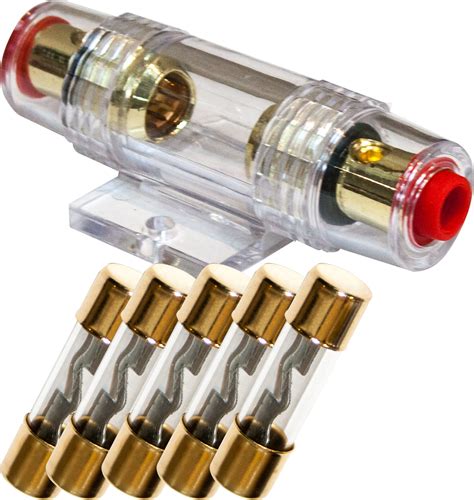 High Quality Gold In-line 4 or 8 Gauge AGU Fuse Holder + 5 Pack 60 AMP AGU Fuses