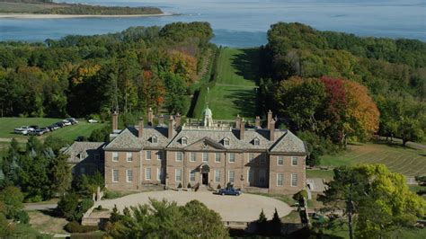 6k stock footage aerial video flying over The Great House at Crane Estate, Castle Hill, autumn ...