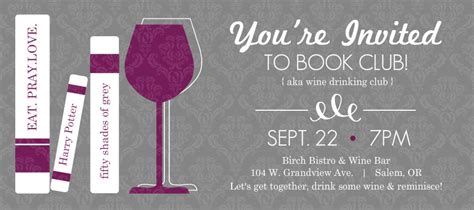 Purple and Gray Wine Glass Book Club Invitations Template