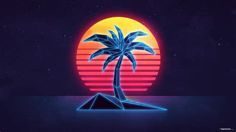 1980s, Palm trees, Sun, Stars, Island, Sea, Reflection Wallpapers HD / Desktop and Mobile ...