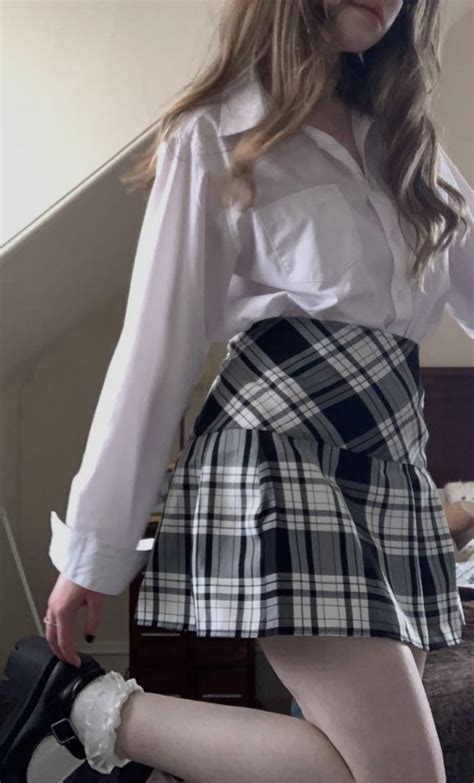 cute shirt outfits school girl aesthetic plaid skirt black and white preppy academia mary janes ...