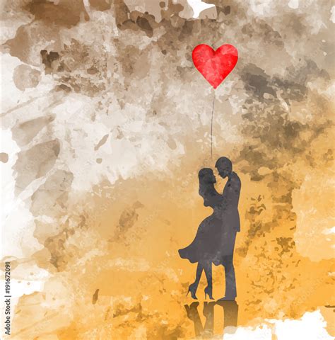 Romantic silhouette of loving couple. Valentines Day 14 February. Happy Lovers. Graphic ...