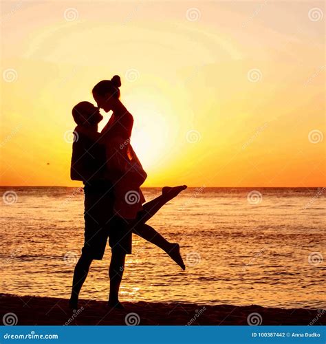 Romantic Couple on the Beach at Colorful Sunset on Background Stock Photo - Image of background ...