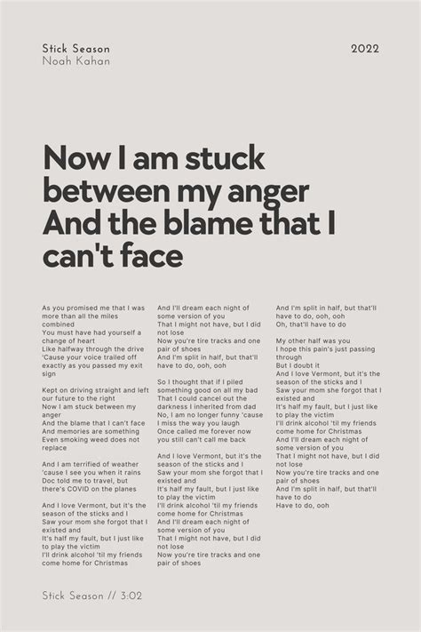 Stick Season Noah Kahan Lyrics Art Board Print by Hailey Case | Lyric prints, Song lyrics art ...