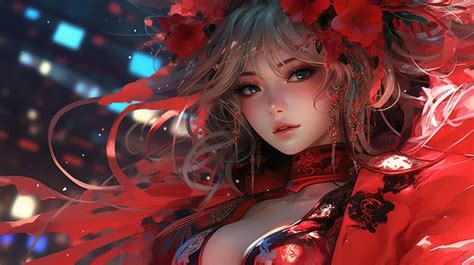 Premium Photo | Anime character girl in a red festive traditional ...