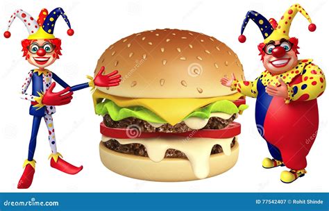 Clown with Burger stock illustration. Illustration of circus - 77542407