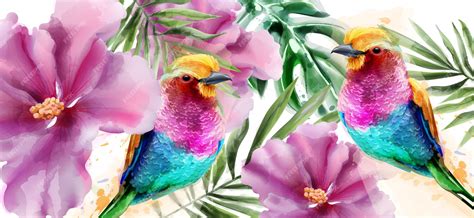 Premium Vector | Colorful birds and flowers watercolor