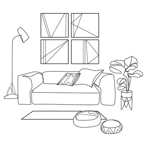 Modern living room interior line art vector illustration.Leisure place for relaxation with sofa ...