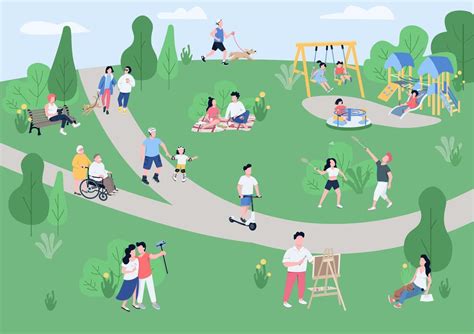 National park visitors flat color vector illustration. People enjoying ...