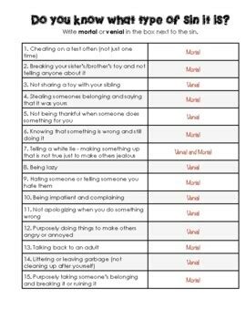 Venial Sin Vs Mortal Sin by Becky Lum | TPT