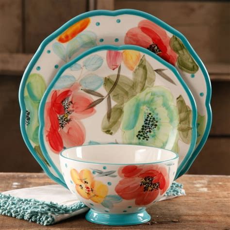 The Pioneer Woman Vintage Bloom 12-Piece Dinnerware Set, Turquoise ...