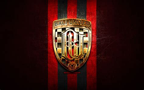 Download wallpapers Bali United FC, golden logo, Indonesia Liga 1, red metal background ...