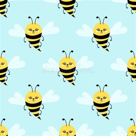 Bee Seamless Pattern on Light Blue. Cute Cartoon Bee or Bumble Bee ...