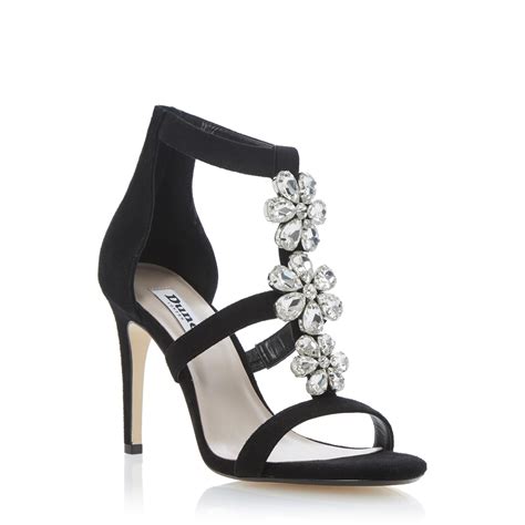 DUNE LADIES HI DAISY - Jewelled Flower Detail Heeled Sandal - black suede | Dune Shoes Online ...