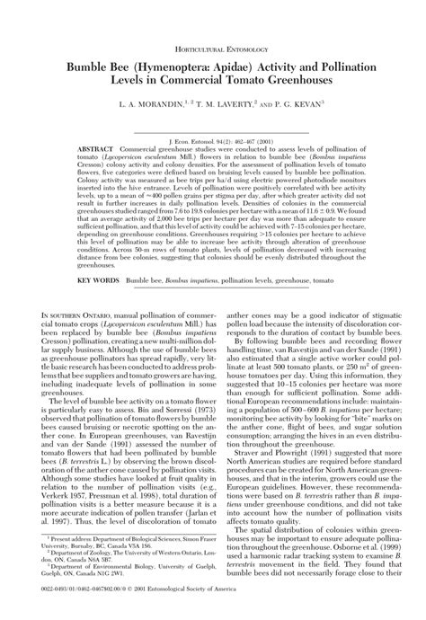 (PDF) Bumble Bee (Hymenoptera: Apidae) Activity and Pollination Levels in Commercial Tomato ...