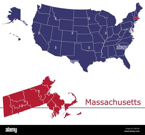 Massachusetts counties vector map outline with USA map colors national ...