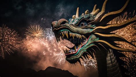 Illustration Chinese Holiday New Year .golden Dragon with Fire and Fireworks on Show .Generative ...