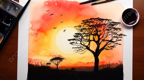 Watercolor Painting Of Sunset With Wild Trees Background, Sunset Picture Drawing Background ...