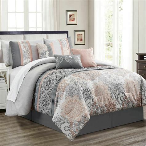 7 Piece Poplar Blush/Gray Comforter Set #KingLinen #TraditionalPatternedClassicFloral | Grey ...