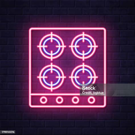 Gas Stove Top View Glowing Neon Icon On Brick Wall Background Stock Illustration - Download ...