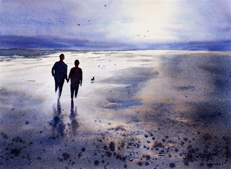 Watercolor landscape painting of atmospheric beach scene