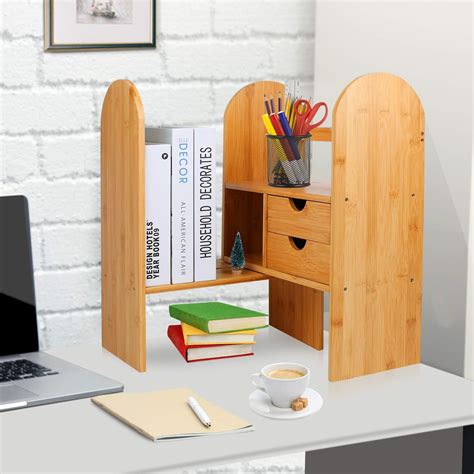 Hossejoy Bamboo Adjustable Desktop Bookshelf Counter Top Bookcase Desk Organizer with Drawers ...