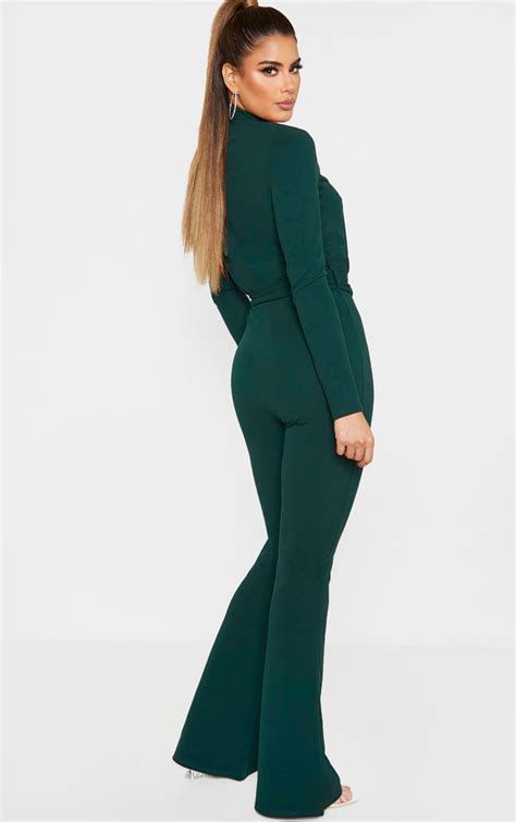 Tall Green High Neck Scuba Flared Jumpsuit | PrettyLittleThing USA