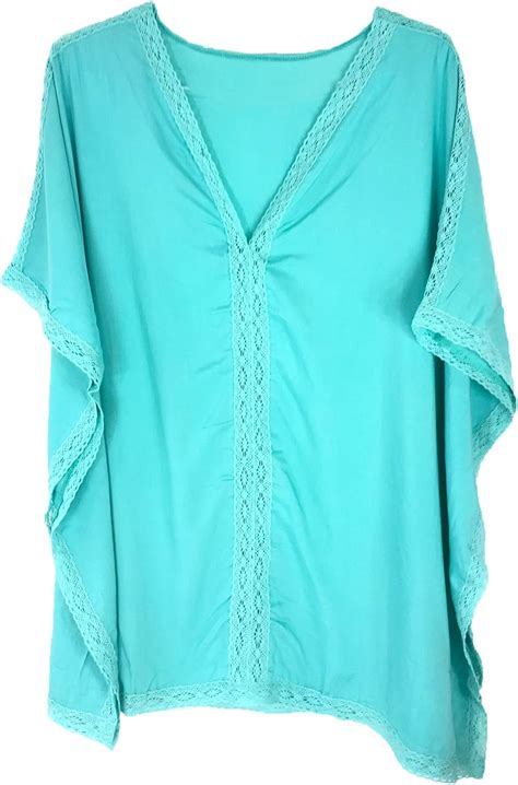 Blue Island Lace Trim Beach Caftan Swim Cover Up, Aqua at Amazon Women’s Clothing store