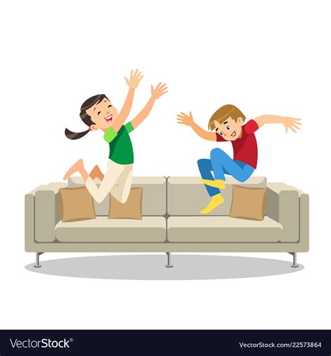 Happy boy and girl jumping on sofa cartoon Vector Image