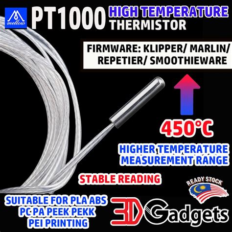 Mellow PT1000 High Temperature Thermistor 450C For Voron Klipper / Marlin / Repetier 3D Printer ...