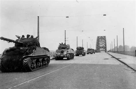 M4 Sherman tanks Nijmegen Holland during operation Market Garden 1944. 30th Corps, September 21 ...