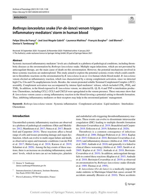 Bothrops lanceolatus snake (Fer-de-lance) venom triggers inflammatory mediators’ storm in human ...