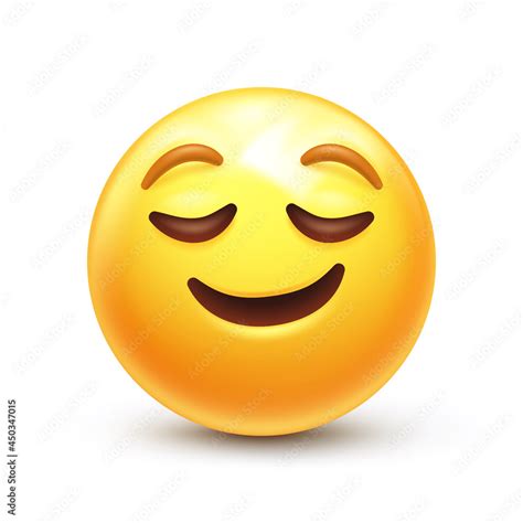 Calm emoji. Relieved emoticon, peaceful face with closed eyes and happy smile 3D stylized vector ...