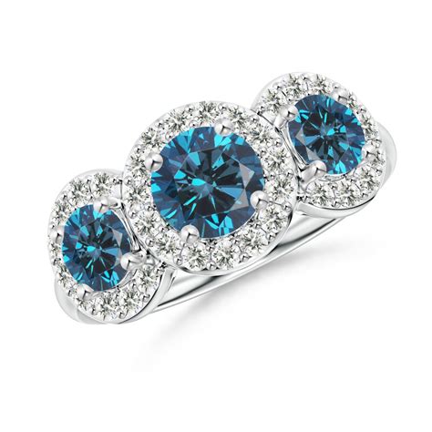 Three Stone Blue Diamond Engagement Ring with Halo | Angara