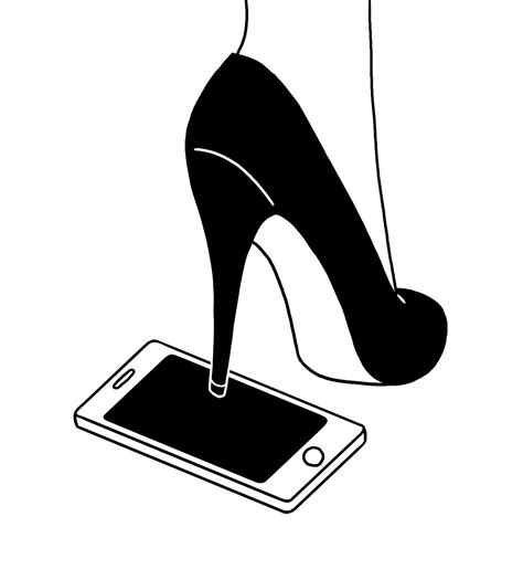 a black and white drawing of a high heeled shoe on top of an iphone
