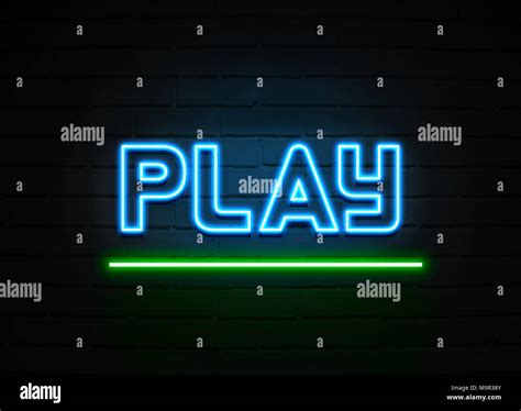 Play neon sign - Glowing Neon Sign on brickwall wall - 3D rendered royalty free stock ...