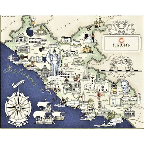 Matted Mid-Century Illustrated Map of Lazio (Rome), Italy | Chairish ...