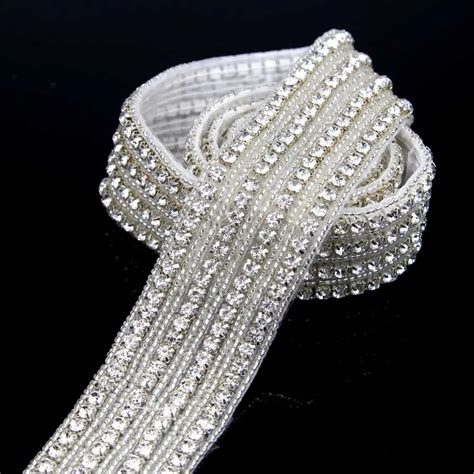 1 yard 3.7 CM 4 Raws Sliver Rhinestone Bead Trim Applique Rhinestone ...