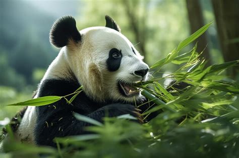 Panda gigante comiendo bambú en un bosque de bambú | Foto Premium