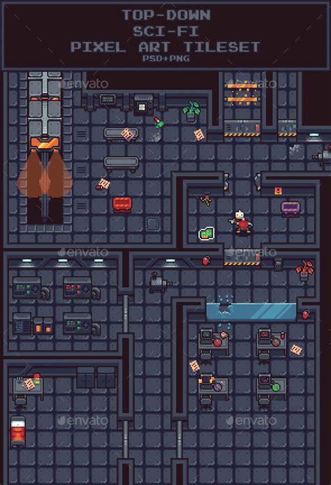 Top-Down Sci-Fi Pixel Art Tileset by SadBeaver | GraphicRiver | Pixel art games, Pixel art ...