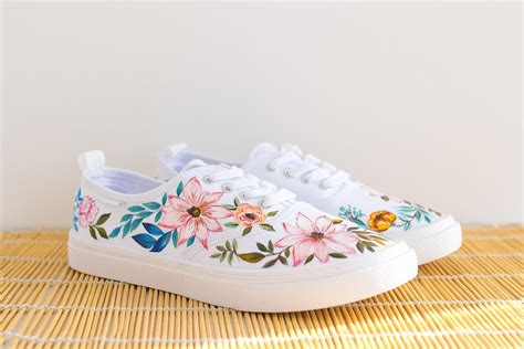 Hand painted white floral sneakers, women canvas shoes with flowers: Spring Time, custom made ...