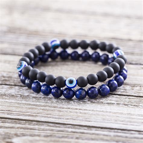 Evil Eye Beaded Duo Bracelet // Blue + Black | Blue bracelet, Evil eye beads, Bracelets for men