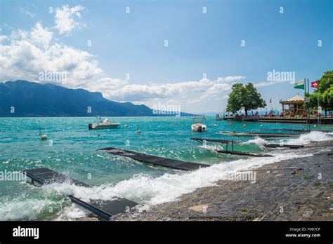 VEVEY, SWITZERLAND - JULY 8, 2015. View of Riviera 's Lake Geneva at ...