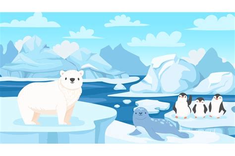 Cartoon arctic landscape with animals. White bears and pengu