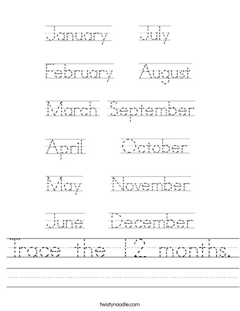 Trace the 12 months Worksheet - Twisty Noodle