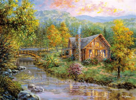 Peaceful Grove by Nicky Boehme ~ cabin in autumn woods on stream ...