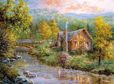 Peaceful Grove by Nicky Boehme ~ cabin in autumn woods on stream ...