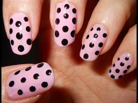 Pink and black polka dots nails without dotting tool - YouTube