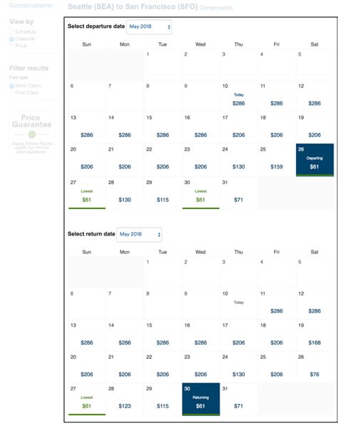 Flexible dates search low fare calendar - Alaska Airlines